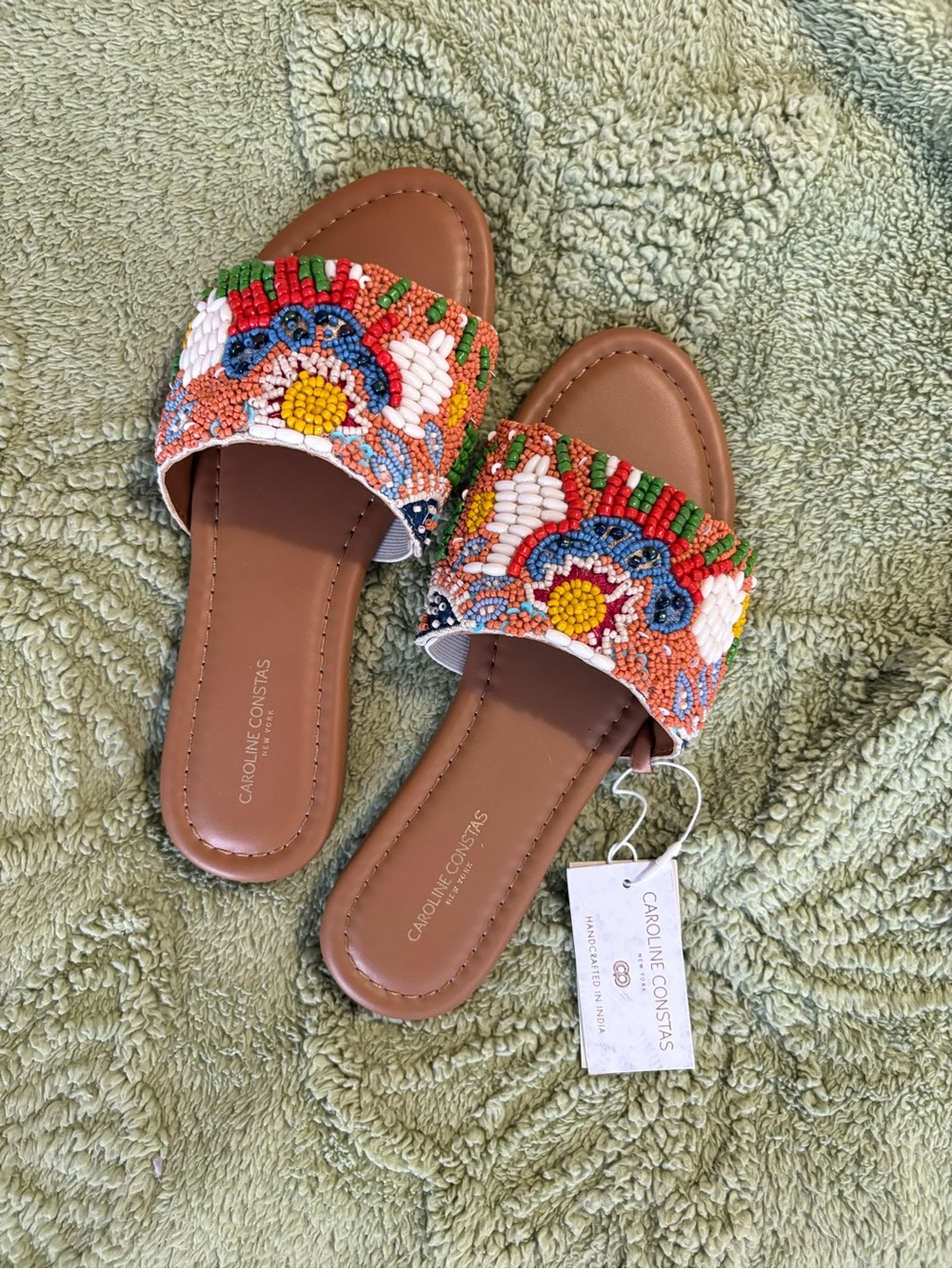 Caroline Constas Women’s Tan Leather Slides with Multicolor Beaded Floral Strap